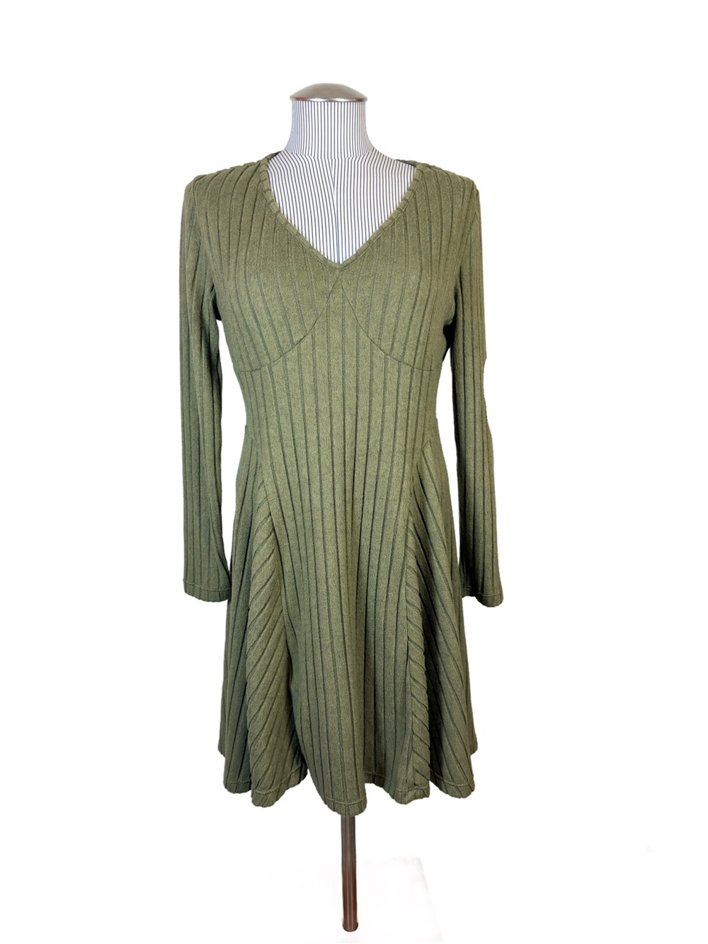 Halara Moss Green Ribbed V-Neck Fit & Flare Long Sleeve Dress Size